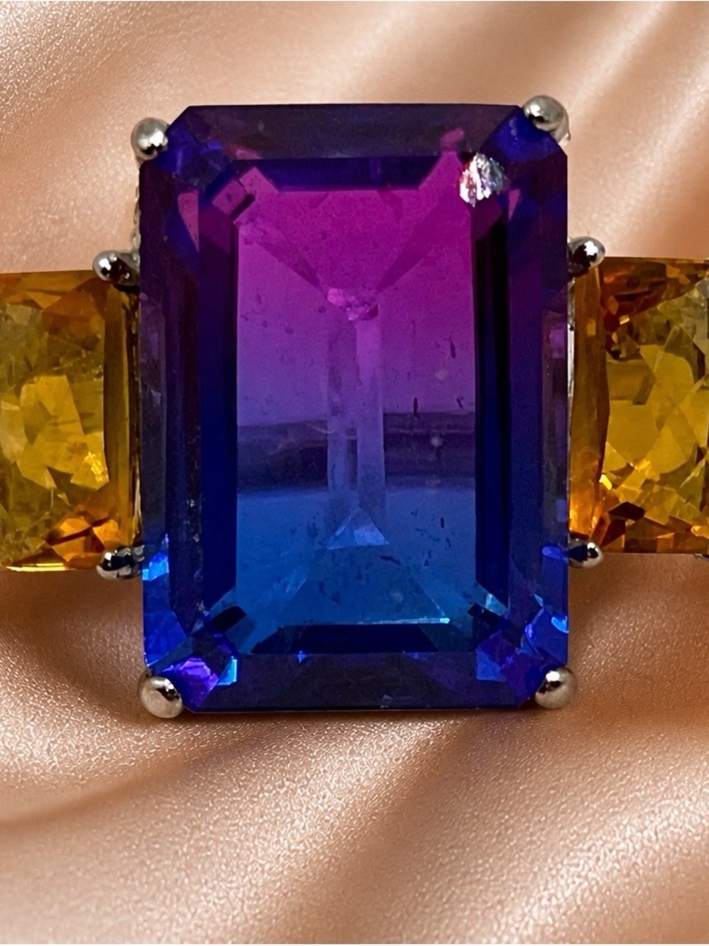 Emerald-Cut Midnite Fusion Doublet Quartz,Checkerboard-Cut Madeira Citrine Ring